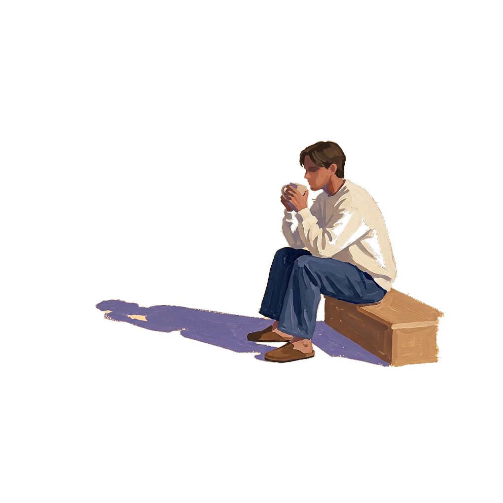 Sitting with a cup of coffee