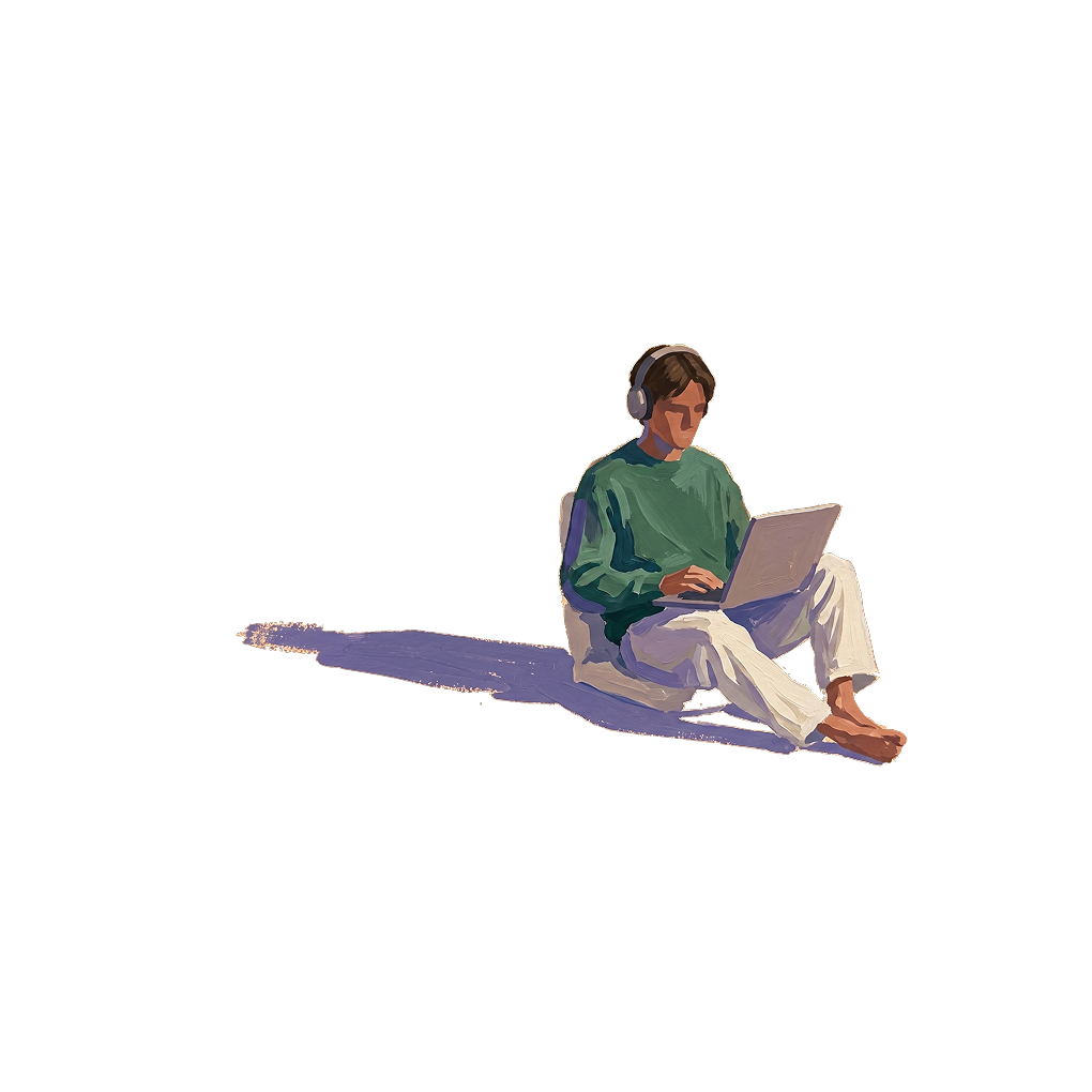 Sitting cross-legged with a laptop