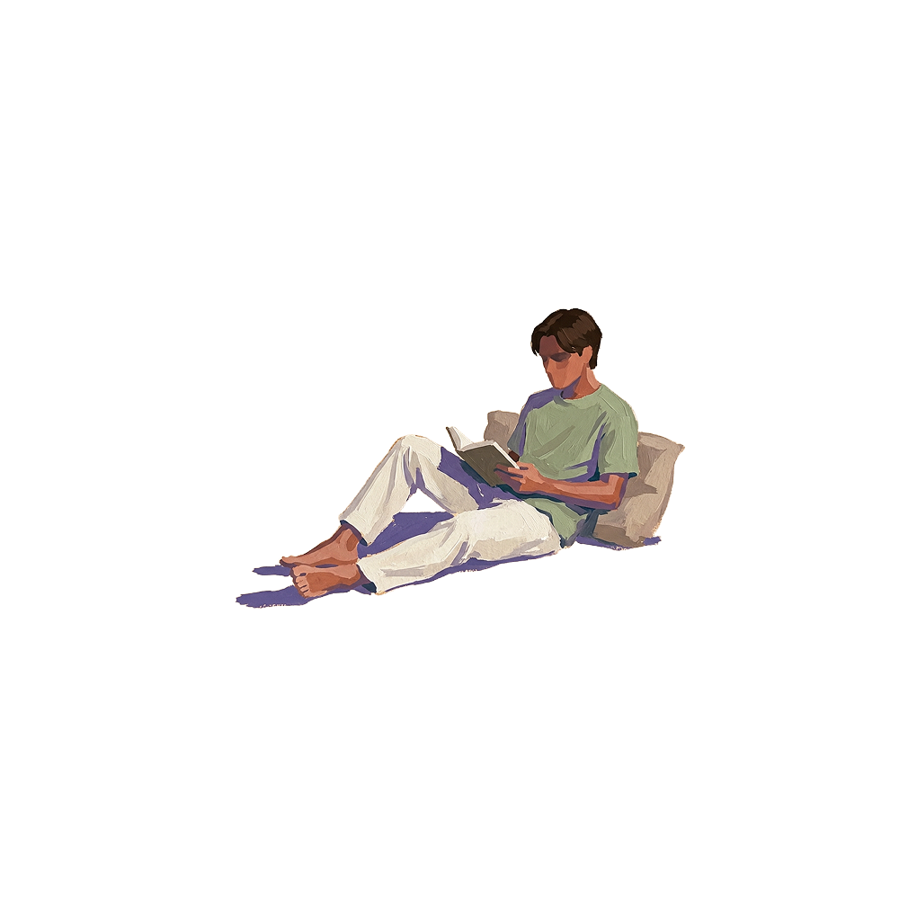 Sitting back on the ground with a book