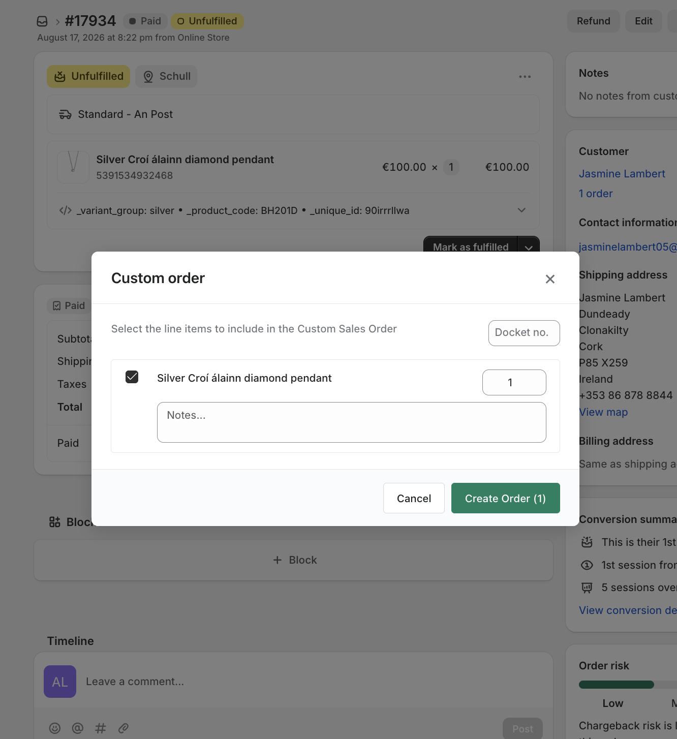 The custom-order popup