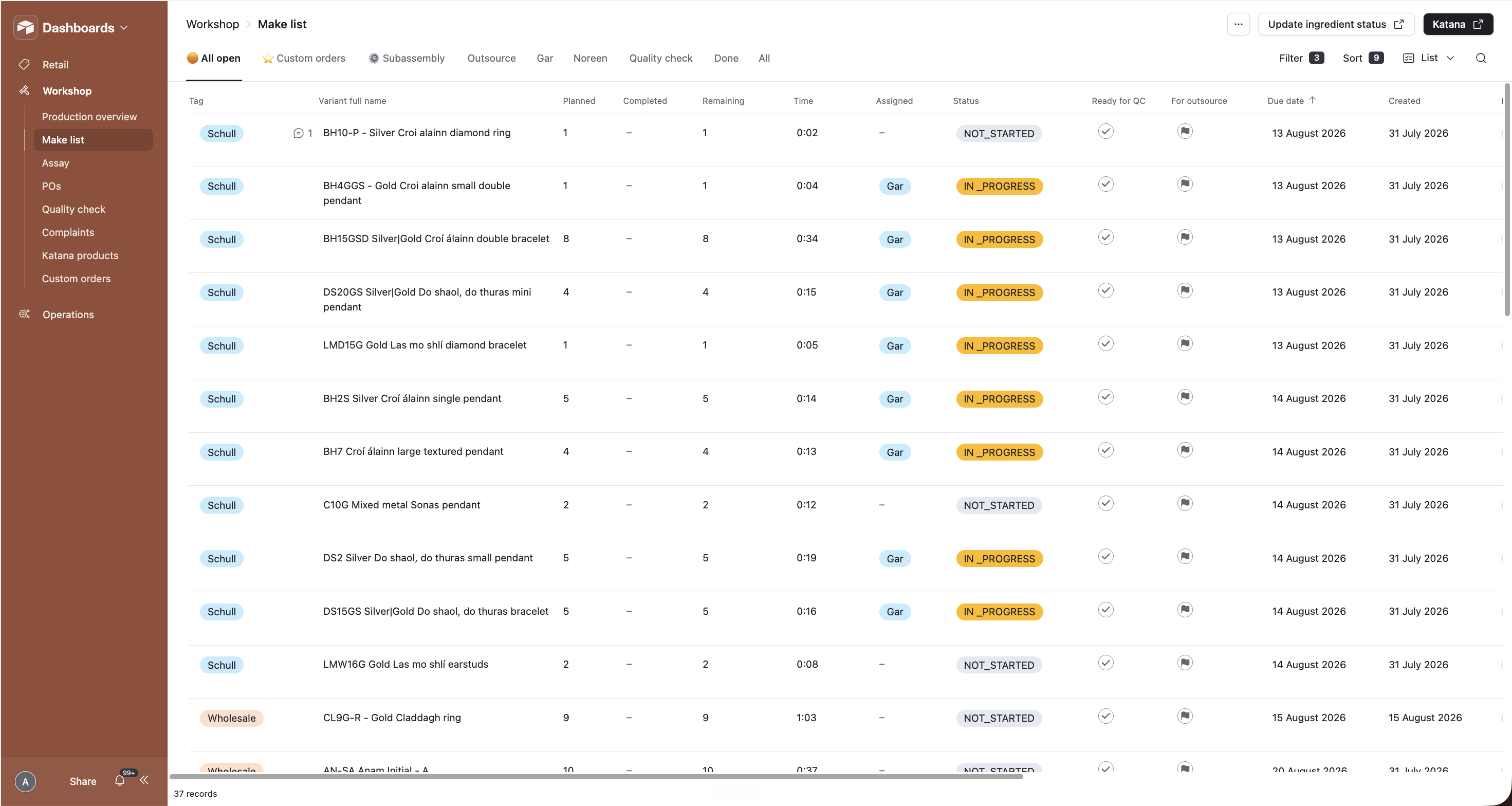 The workshop make-list interface
