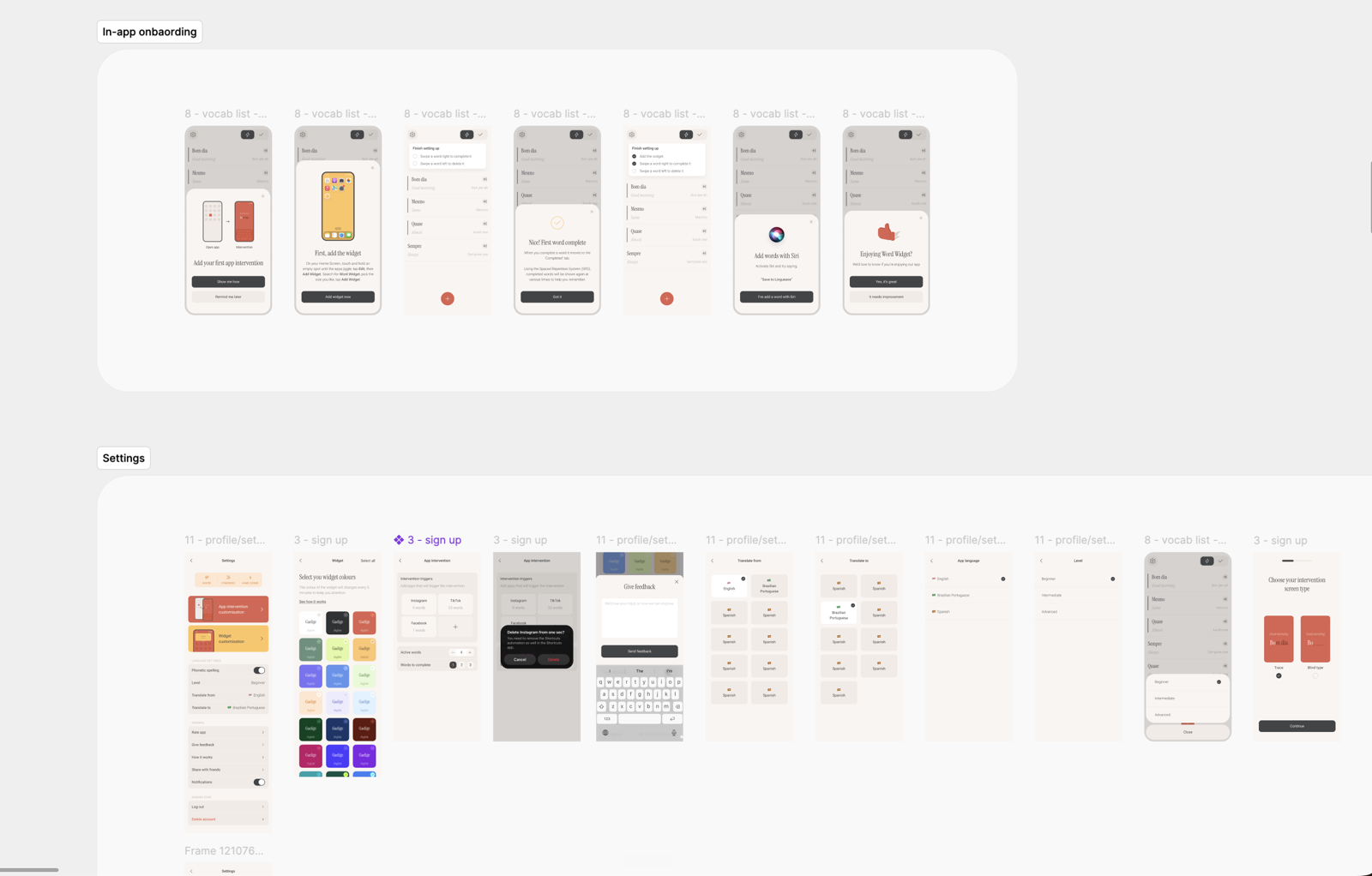 Onboarding and settings screens in Figma, built from the small design system